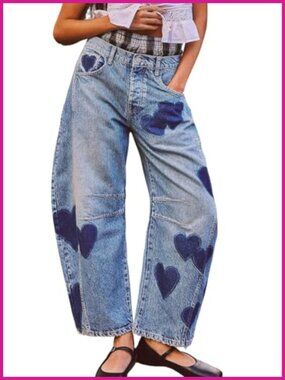 Women's Wide Leg Barrel Jeans Distressed Heart Print Boyfriend Denim Pants